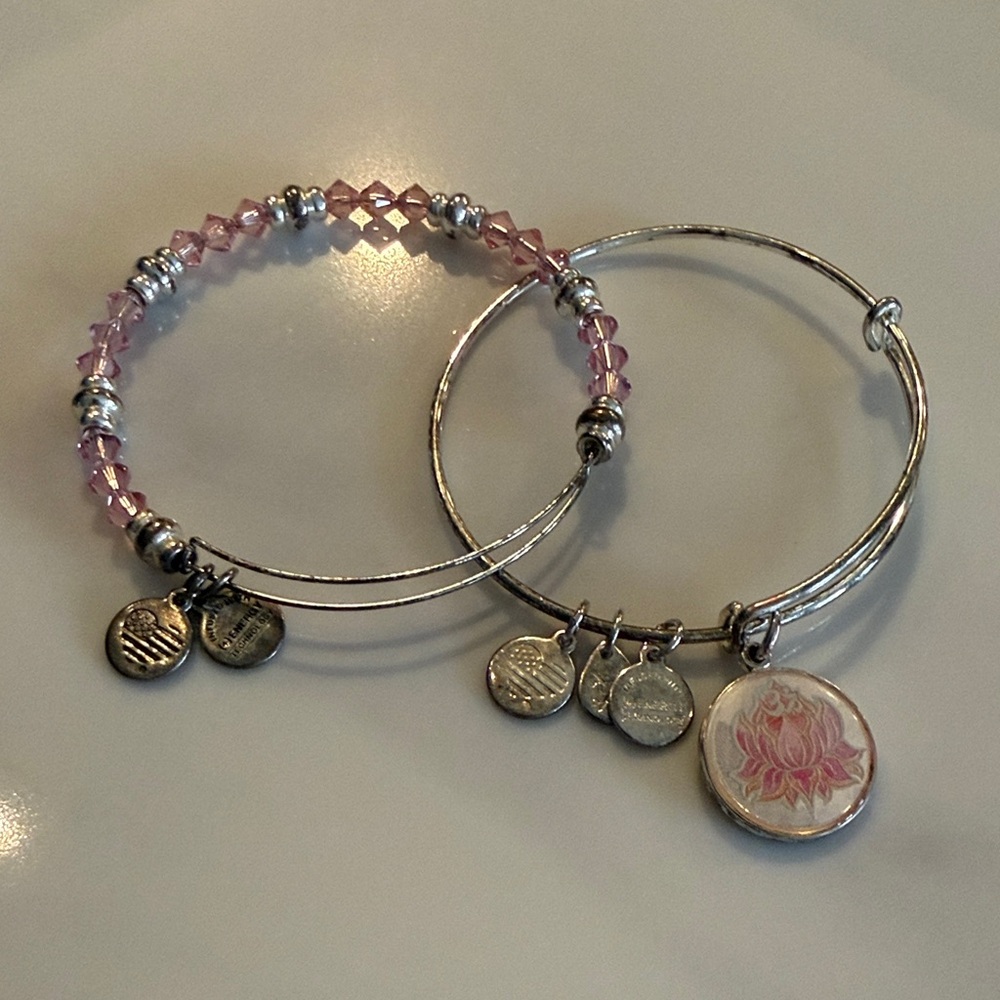 Alex and Ani Lotus Flower Peace Silver and Pink Charm Bracelet Bangle Set 2017